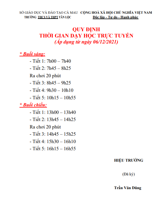 thời gian học trực tuyến