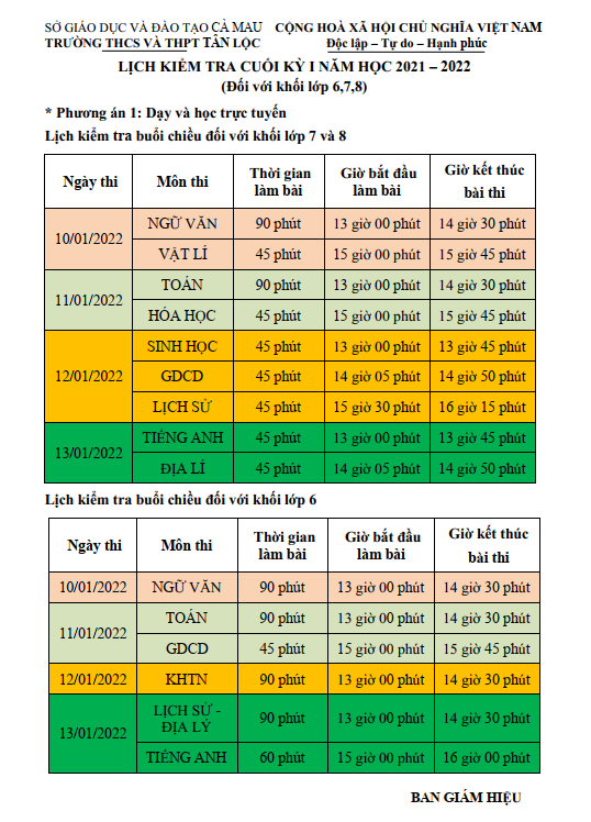 LỊCH KIỂM TRA CUỐI KÌ 1 KHỐI THCS NĂM HỌC 2021 - 2022