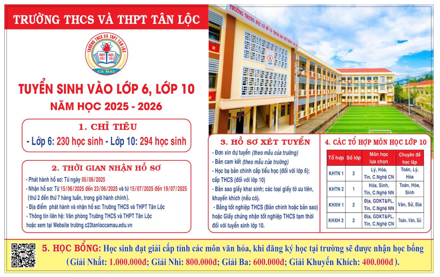 TRƯỜNG THCS VÀ THPT TÂN LỘC THÔNG BÁO TUYỂN SINH VÀO LỚP 6, LỚP 10 NĂM HỌC  2025 - 2026
